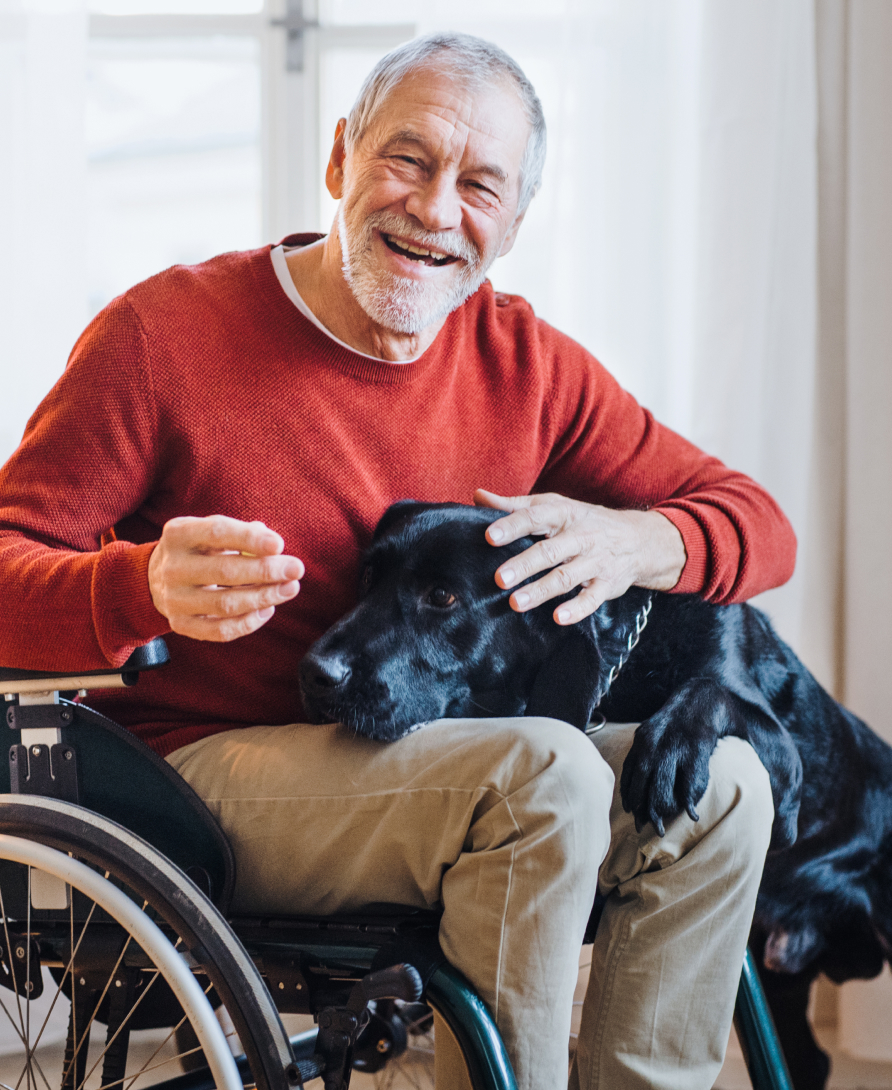 Älterer Herr im Rollstuhl, der einen Hund streichelt